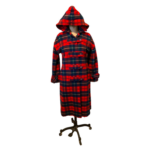 THE SYLVIA: Vintage 60s Pendleton Red Plaid Tartan Wool Hooded Duffle Coat - Picture 4 of 10